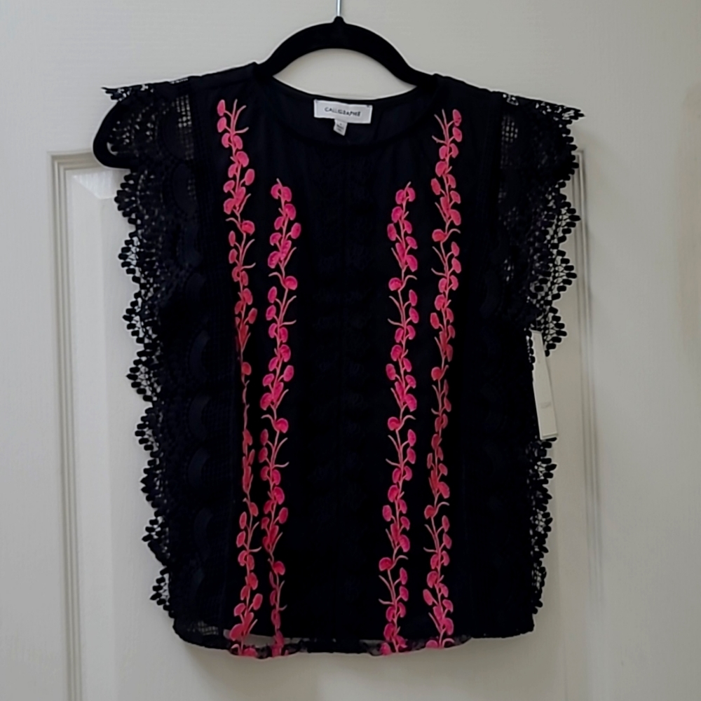 Calligraphie Black Blouse with Pink Embroidered flowers